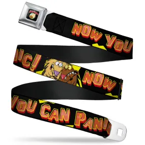 Angry Beavers Logo Full Color Black Seatbelt Belt - Norbett & Daggett Pose NOW YOU CAN PANIC! Black/Yellow/Red Webbing