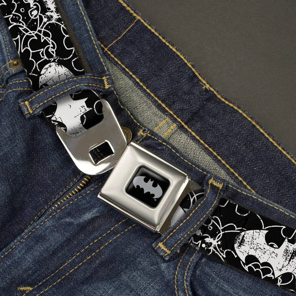 Batman Black Silver Seatbelt Belt - Batman Outlines Black/White Webbing