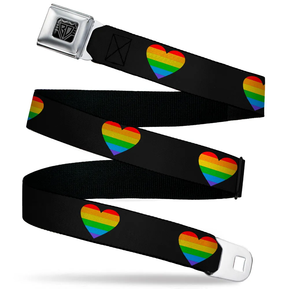 BD Wings Logo CLOSE-UP Black/Silver Seatbelt Belt - Heart Striping Black/Rainbow Webbing