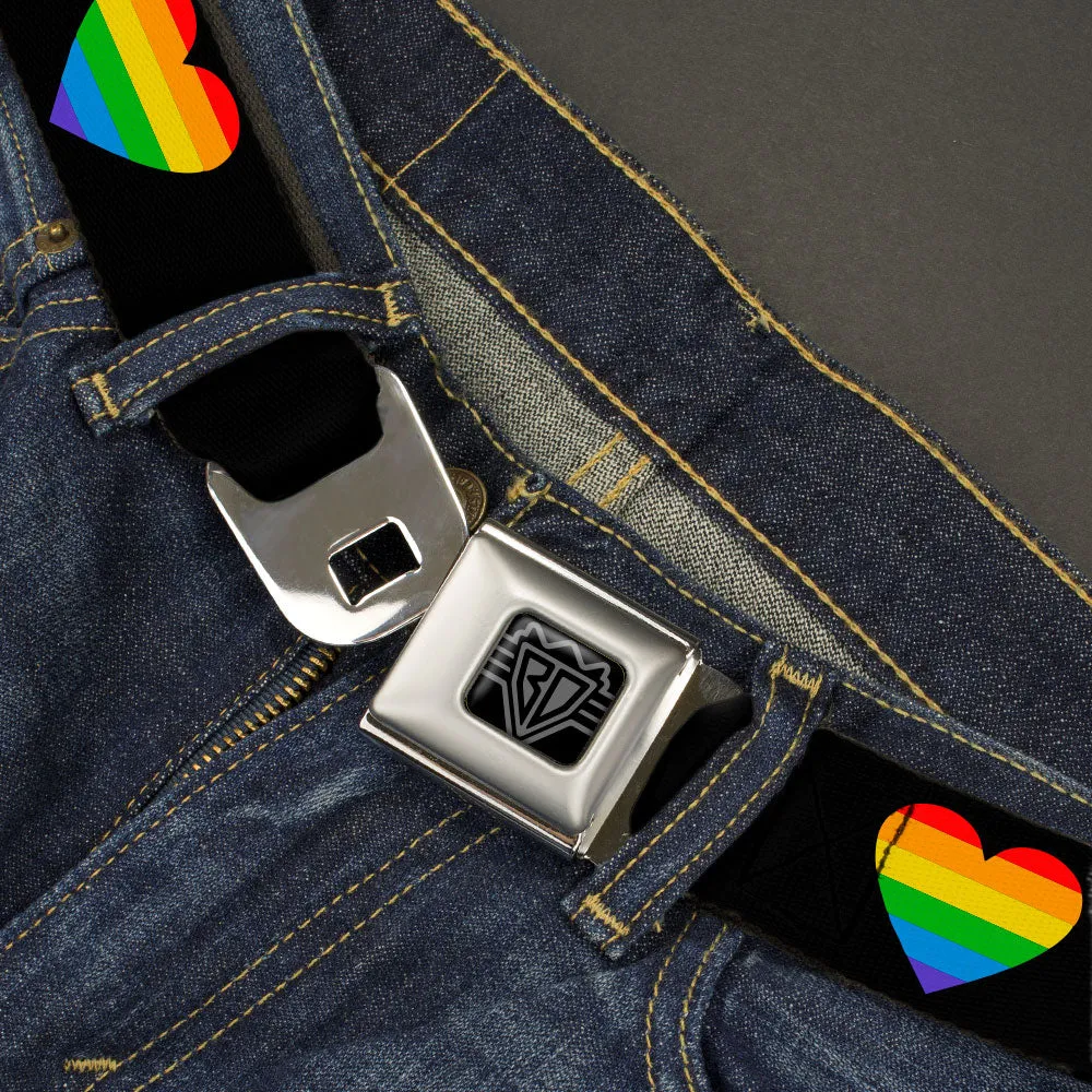 BD Wings Logo CLOSE-UP Black/Silver Seatbelt Belt - Heart Striping Black/Rainbow Webbing