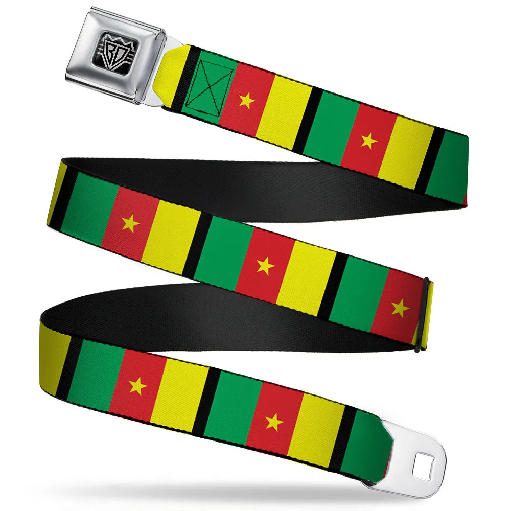 BD Wings Logo CLOSE-UP Full Color Black Silver Seatbelt Belt - Cameroon Flags Webbing