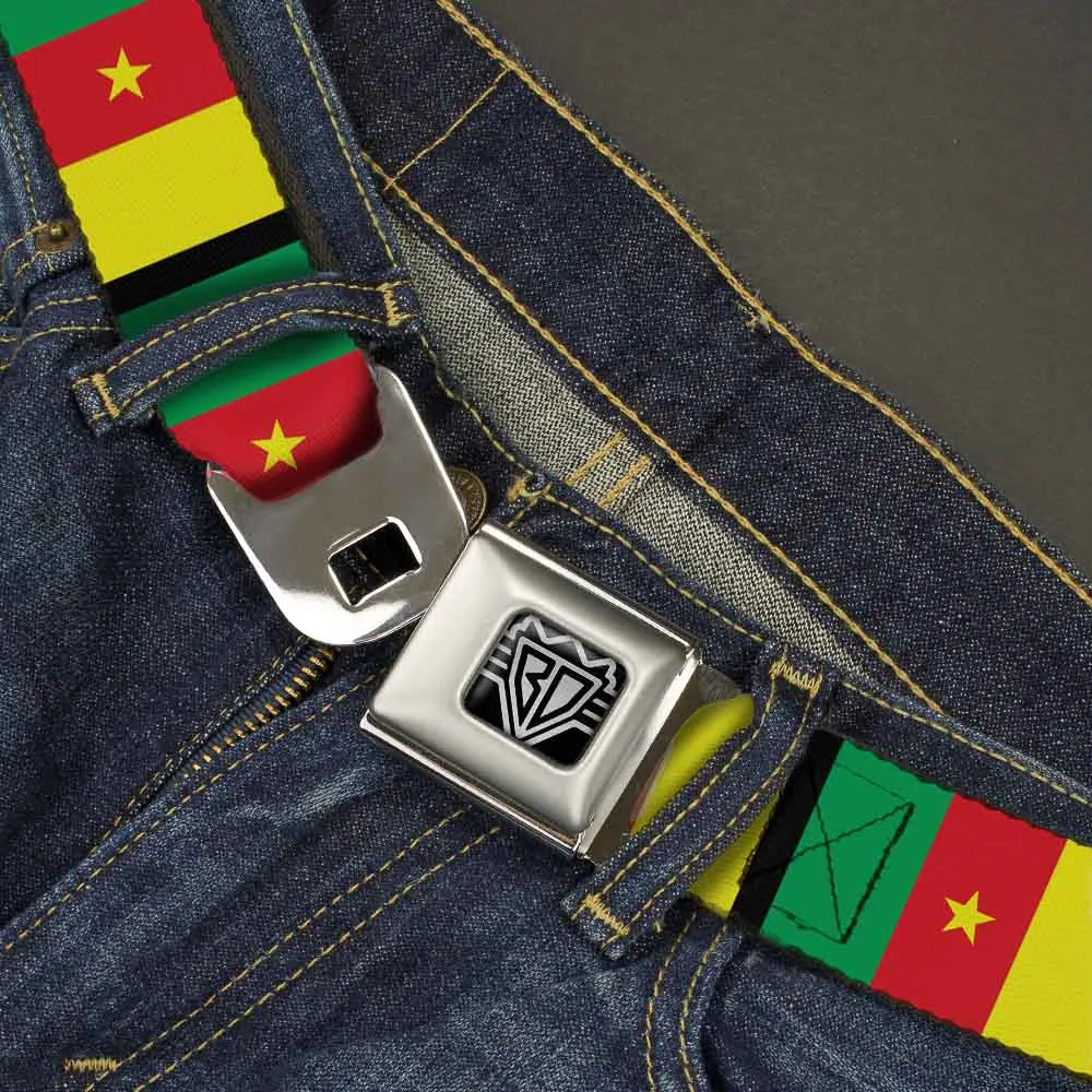 BD Wings Logo CLOSE-UP Full Color Black Silver Seatbelt Belt - Cameroon Flags Webbing