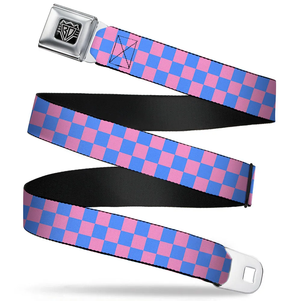 BD Wings Logo CLOSE-UP Full Color Black Silver Seatbelt Belt - Checker Baby Pink/Baby Blue Webbing