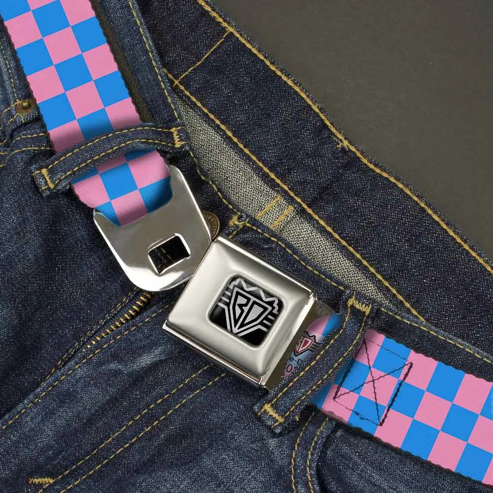 BD Wings Logo CLOSE-UP Full Color Black Silver Seatbelt Belt - Checker Baby Pink/Baby Blue Webbing