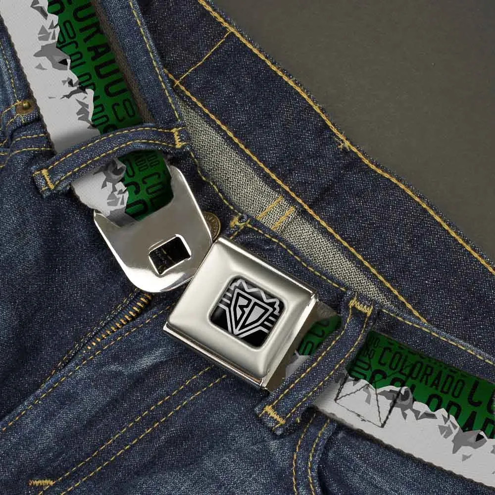 BD Wings Logo CLOSE-UP Full Color Black Silver Seatbelt Belt - Colorado Mountains Green/Black Text/Grays Webbing