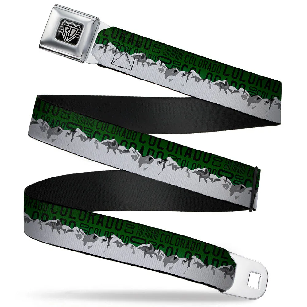 BD Wings Logo CLOSE-UP Full Color Black Silver Seatbelt Belt - Colorado Mountains Green/Black Text/Grays Webbing