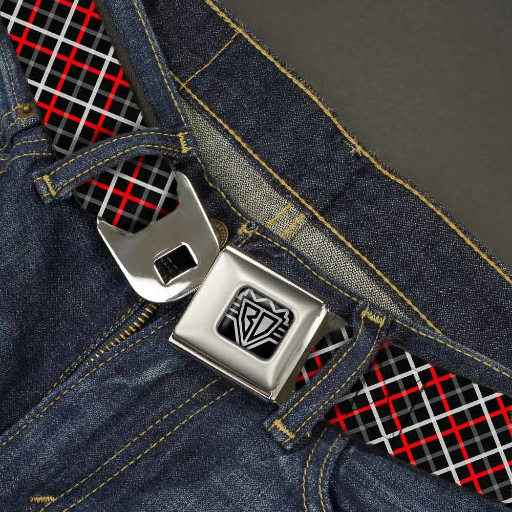 BD Wings Logo CLOSE-UP Full Color Black Silver Seatbelt Belt - Criss Cross Plaid Black/Gray/Red Webbing