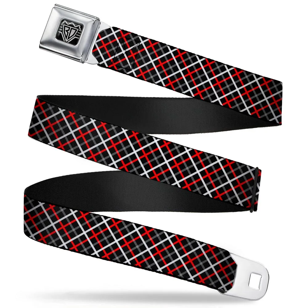 BD Wings Logo CLOSE-UP Full Color Black Silver Seatbelt Belt - Criss Cross Plaid Black/Gray/Red Webbing