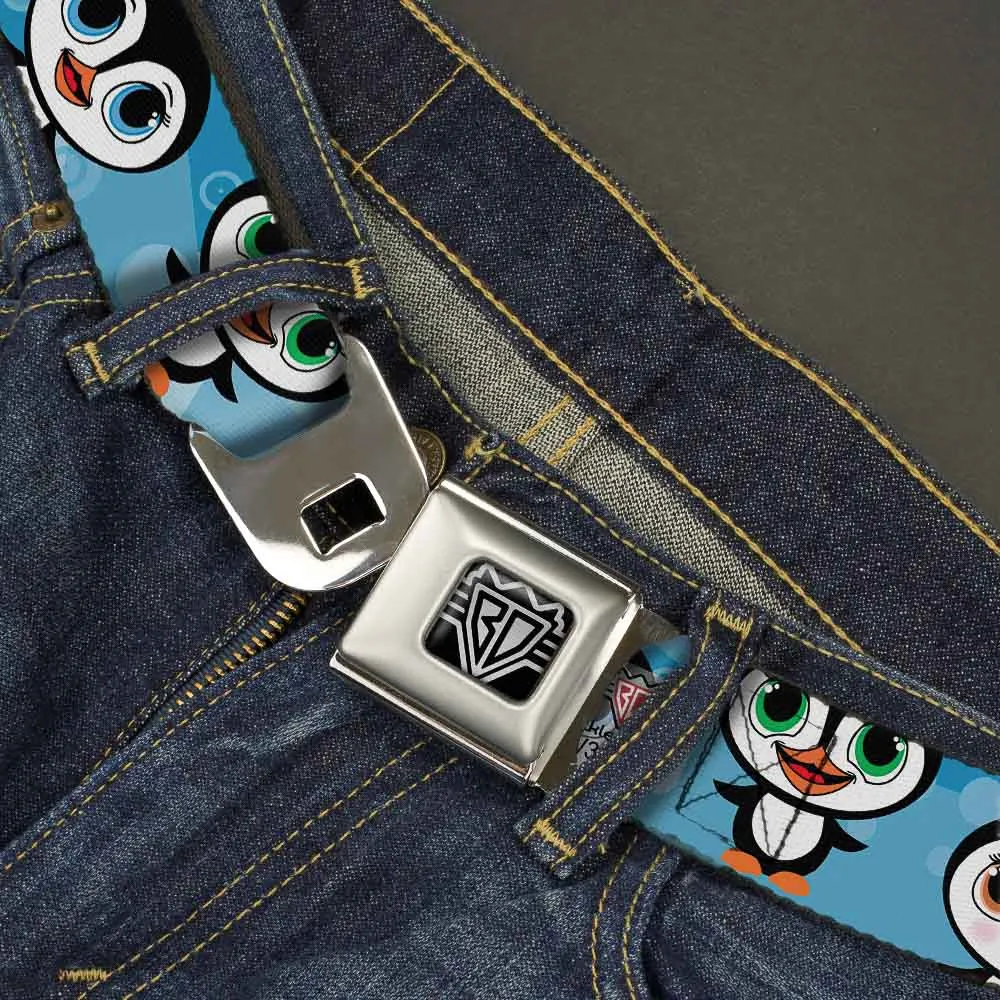 BD Wings Logo CLOSE-UP Full Color Black Silver Seatbelt Belt - Cute Penguins Blue Bubbles Webbing