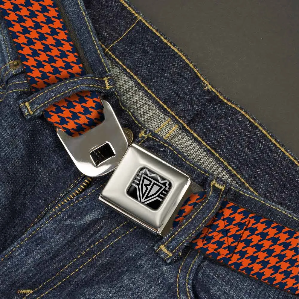 BD Wings Logo CLOSE-UP Full Color Black Silver Seatbelt Belt - Houndstooth Orange/Blue Webbing