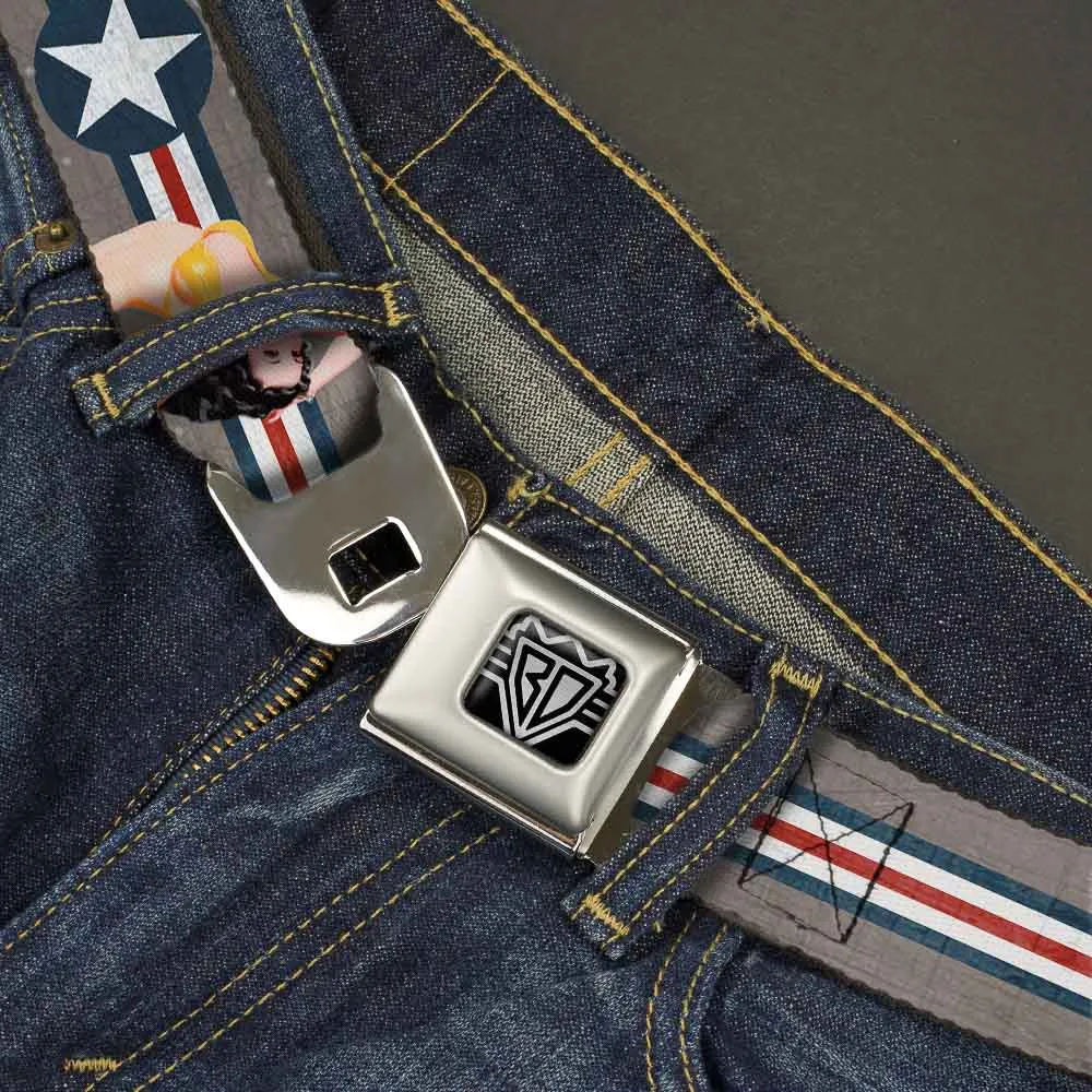 BD Wings Logo CLOSE-UP Full Color Black Silver Seatbelt Belt - Pin Up Girl Poses Star & Stripes Gray/Blue/White/Red Webbing