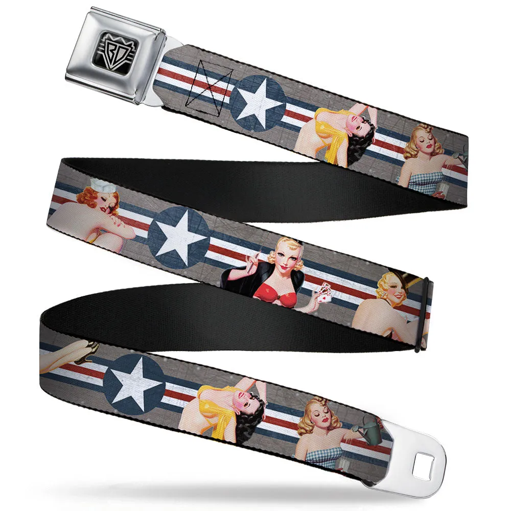 BD Wings Logo CLOSE-UP Full Color Black Silver Seatbelt Belt - Pin Up Girl Poses Star & Stripes Gray/Blue/White/Red Webbing