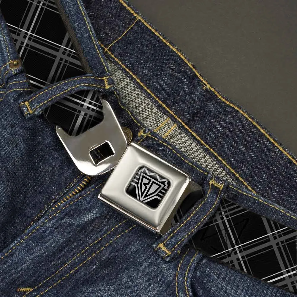 BD Wings Logo CLOSE-UP Full Color Black Silver Seatbelt Belt - Plaid X Black/Gray Webbing