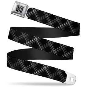 BD Wings Logo CLOSE-UP Full Color Black Silver Seatbelt Belt - Plaid X Black/Gray Webbing