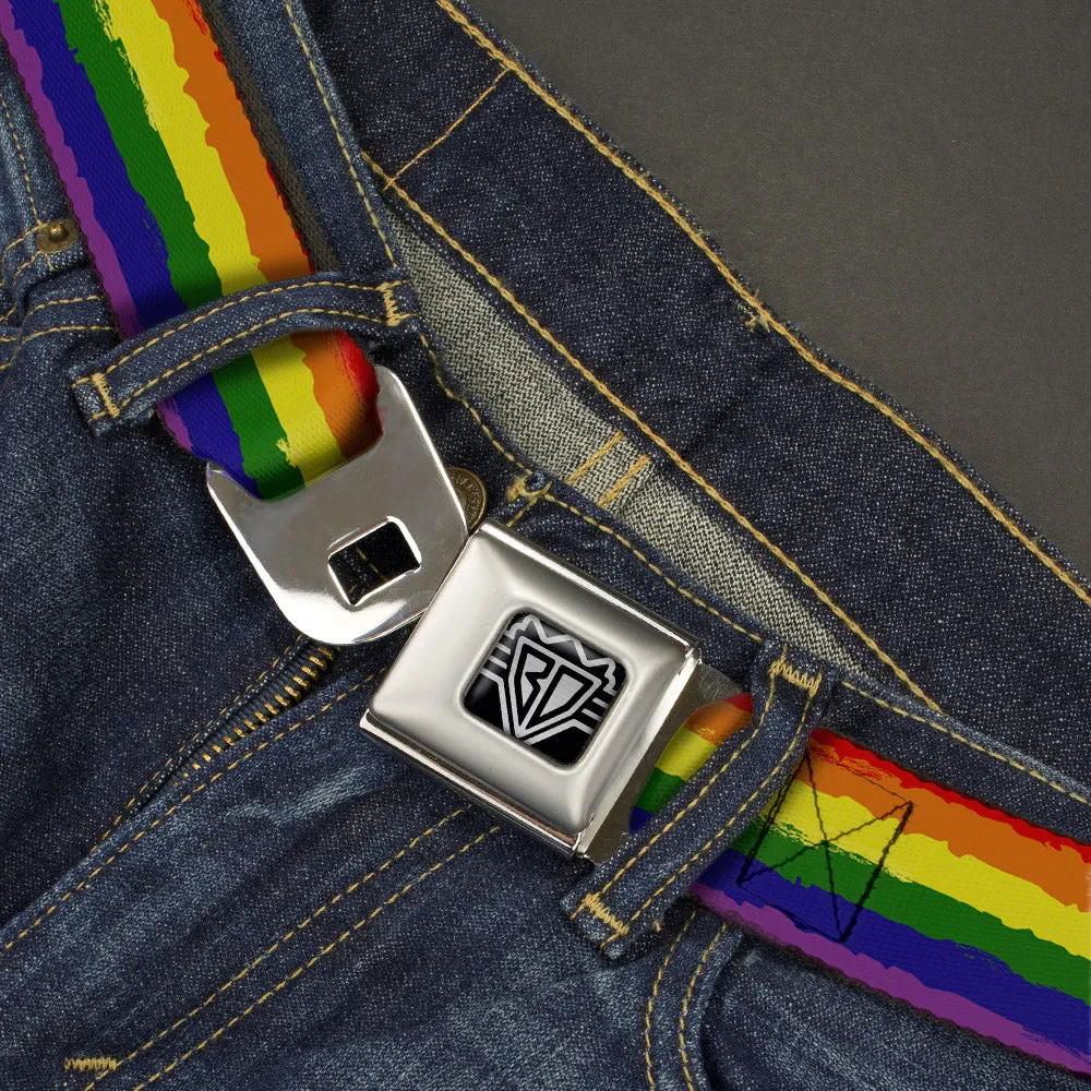 BD Wings Logo CLOSE-UP Full Color Black Silver Seatbelt Belt - Rainbow Stripe Painted Webbing