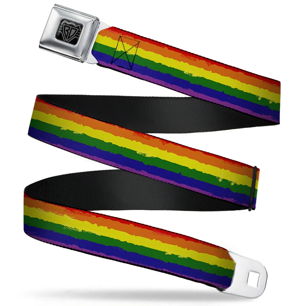 BD Wings Logo CLOSE-UP Full Color Black Silver Seatbelt Belt - Rainbow Stripe Painted Webbing