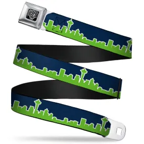 BD Wings Logo CLOSE-UP Full Color Black Silver Seatbelt Belt - Seattle Skyline Navy/Lime Green Webbing