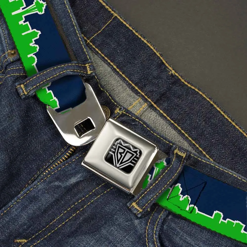 BD Wings Logo CLOSE-UP Full Color Black Silver Seatbelt Belt - Seattle Skyline Navy/Lime Green Webbing