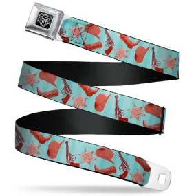 BD Wings Logo CLOSE-UP Full Color Black Silver Seatbelt Belt - Sheriff's Gear/Vertical Stripe Turquoise/Browns Webbing