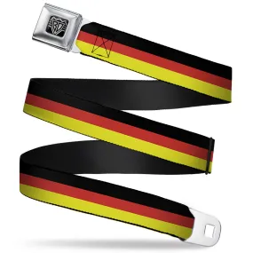 BD Wings Logo CLOSE-UP Full Color Black Silver Seatbelt Belt - Stripes Black/Red/Yellow Webbing