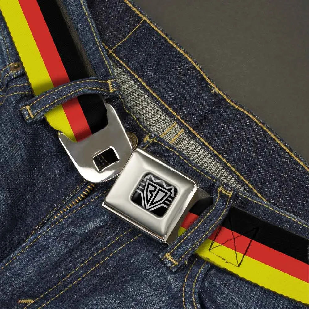 BD Wings Logo CLOSE-UP Full Color Black Silver Seatbelt Belt - Stripes Black/Red/Yellow Webbing