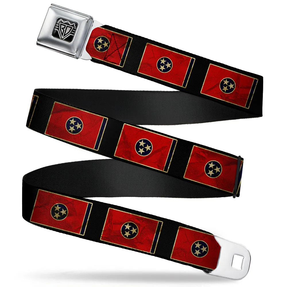 BD Wings Logo CLOSE-UP Full Color Black Silver Seatbelt Belt - Tennessee Flag/Black Distressed Webbing