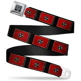 BD Wings Logo CLOSE-UP Full Color Black Silver Seatbelt Belt - Tennessee Flag/Black Distressed Webbing