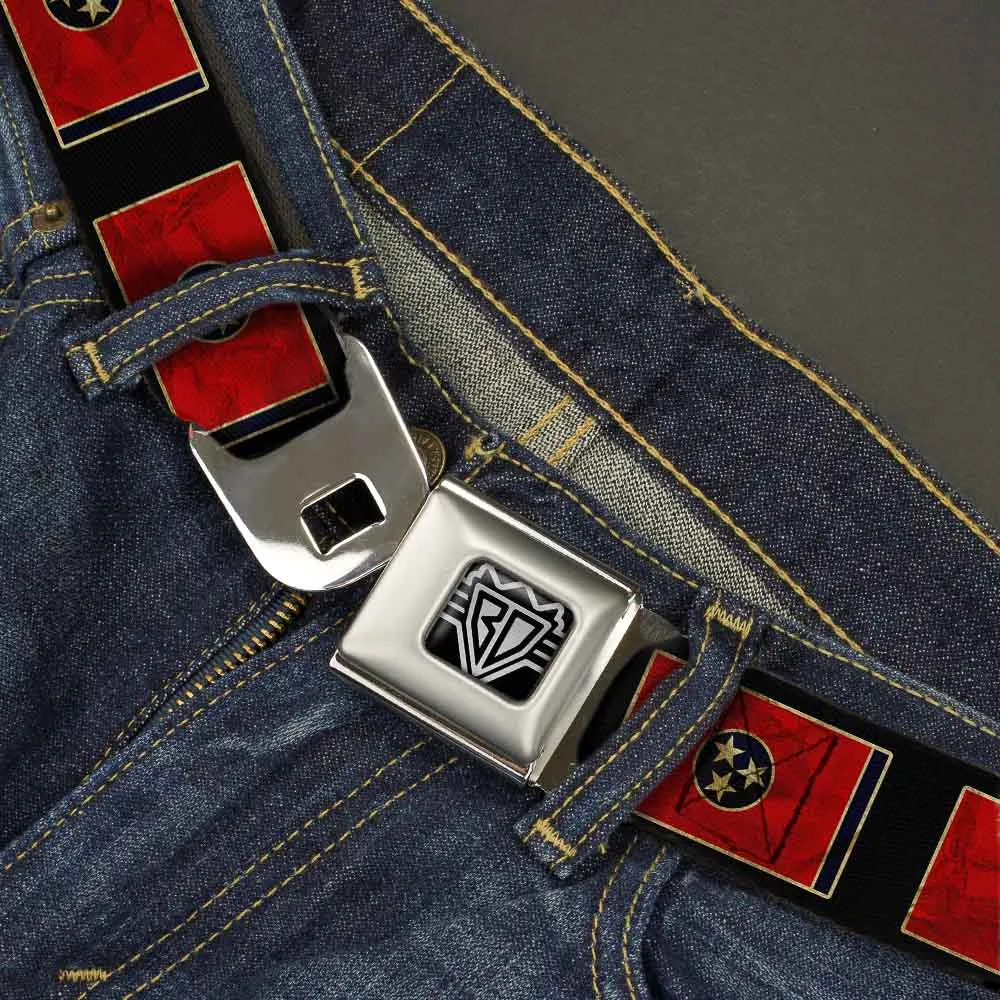 BD Wings Logo CLOSE-UP Full Color Black Silver Seatbelt Belt - Tennessee Flag/Black Distressed Webbing