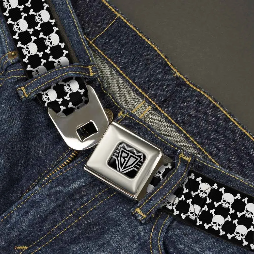 BD Wings Logo CLOSE-UP Full Color Black Silver Seatbelt Belt - Top Skulls Black/White Webbing