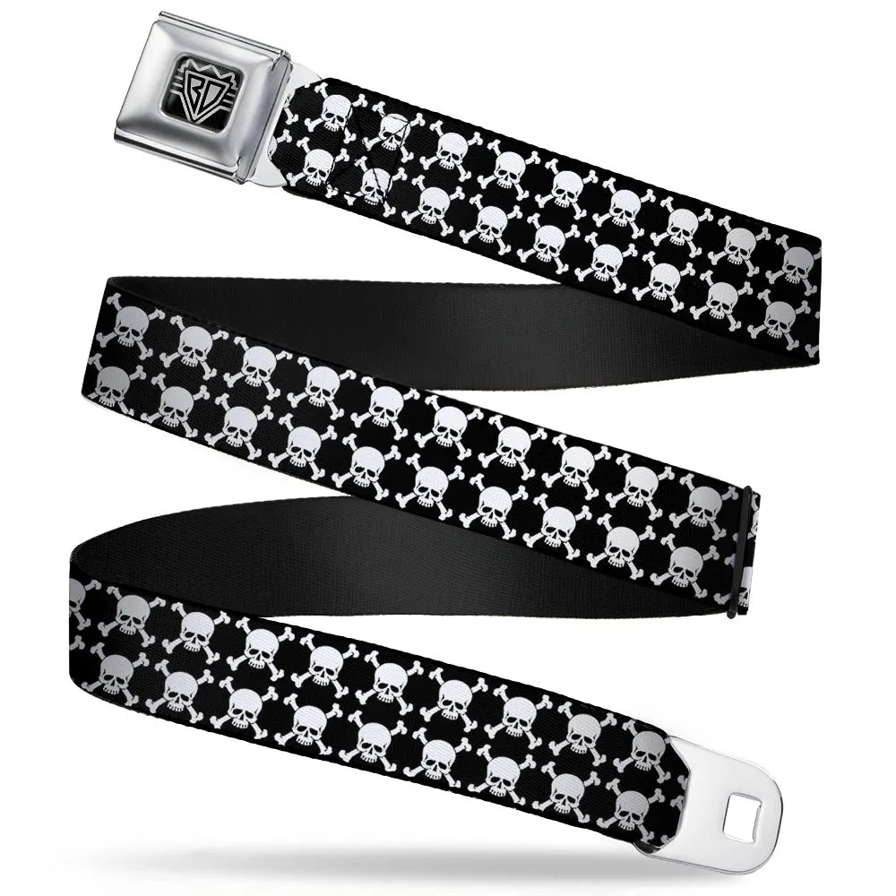 BD Wings Logo CLOSE-UP Full Color Black Silver Seatbelt Belt - Top Skulls Black/White Webbing