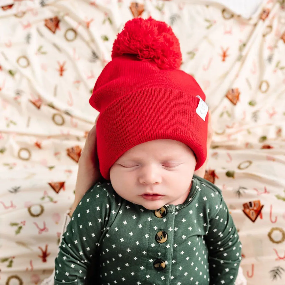 Beanie with Pom - Cherry Red