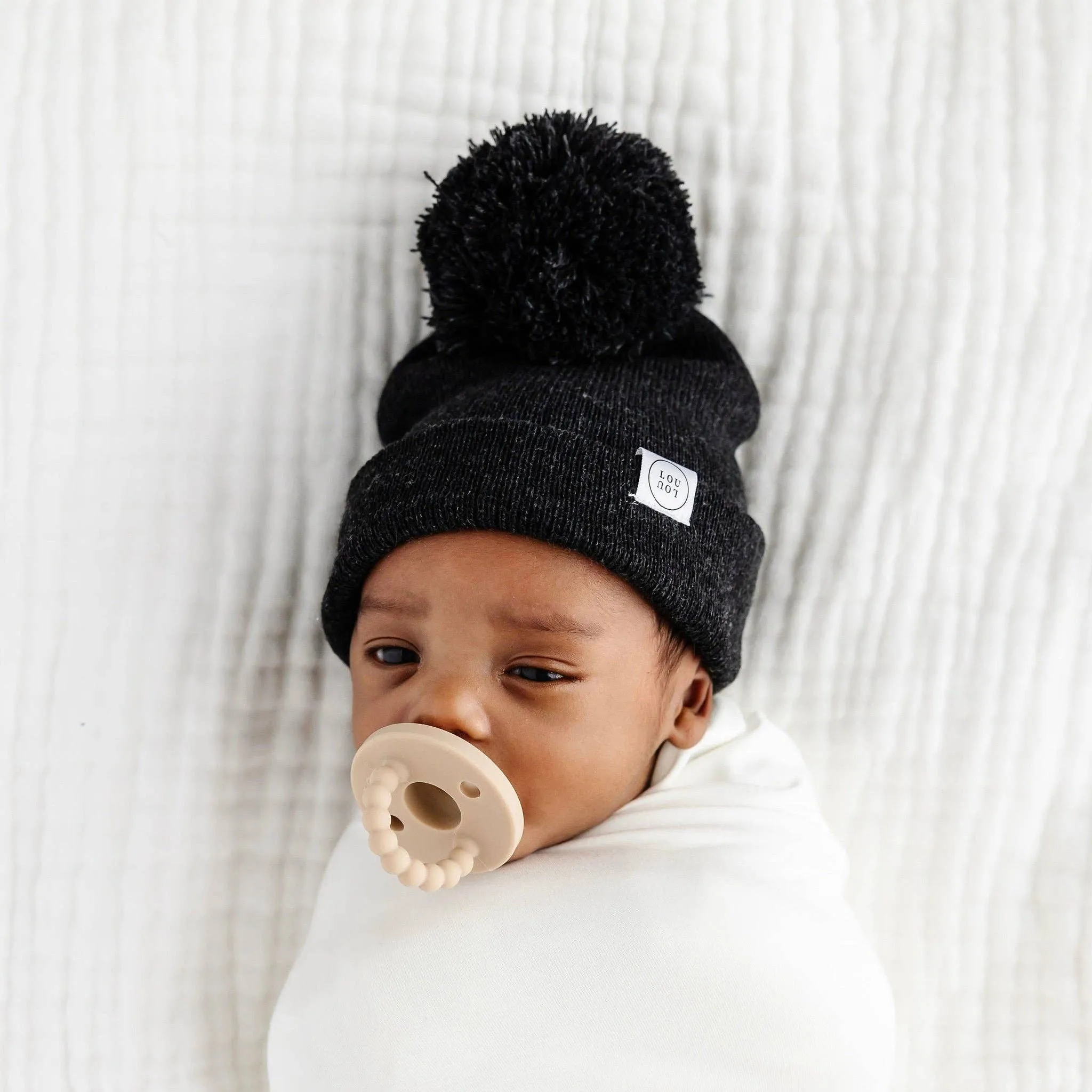 Beanie with Pom - Heathered Black: Child/Adult