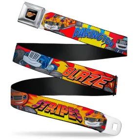 BLAZE AND THE MONSTER MACHINES Logo Full Color Black/Orange/Yellow/Purple Seatbelt Belt - 4-Trucks/Names Halftone Pop Art Red/Multi Color Webbing