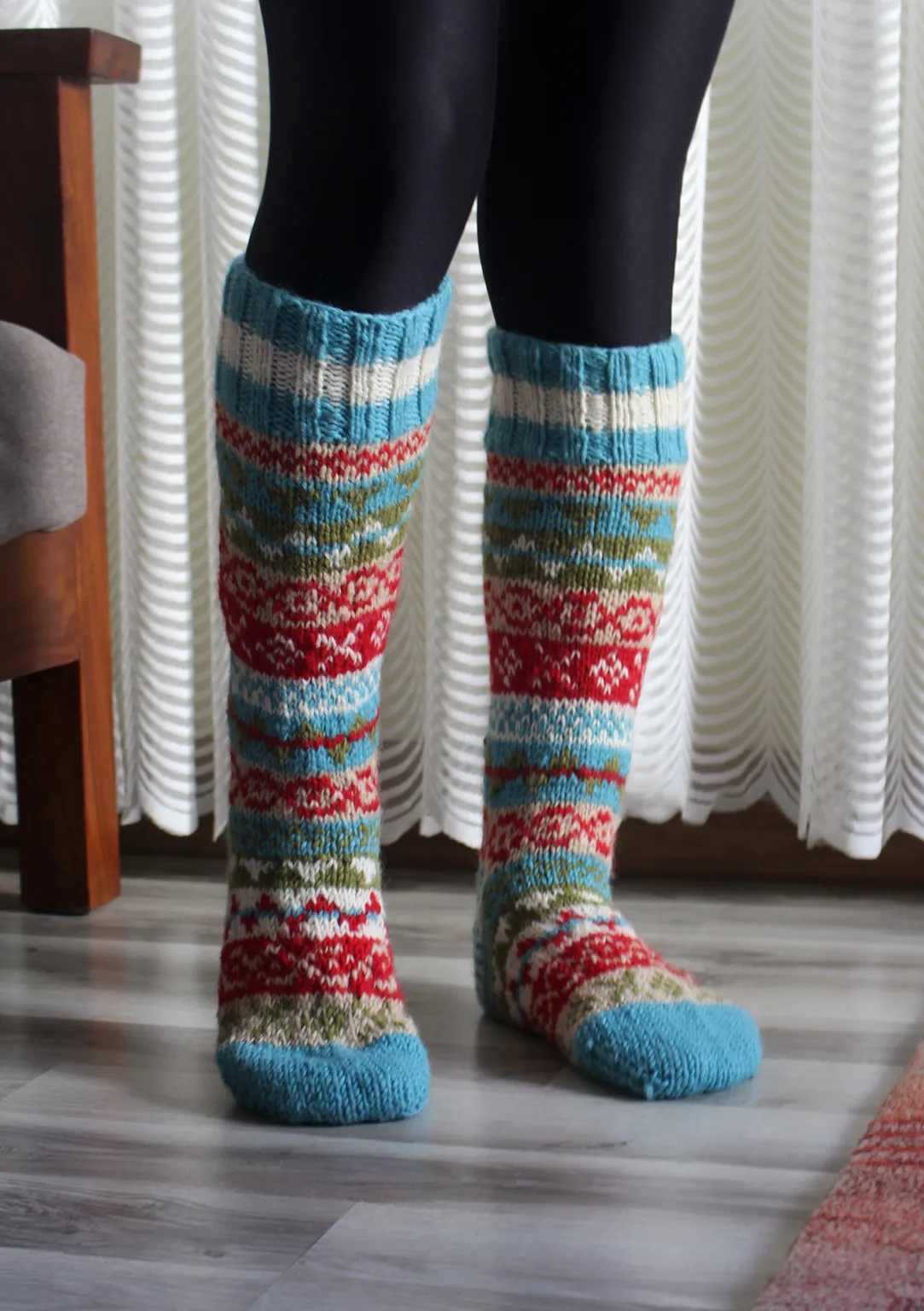 Blue and Red Multicolor Woolen Knee High Socks