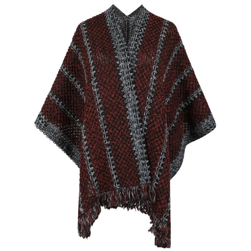 Contrast Color Tassled Knitted Shawl Scarf