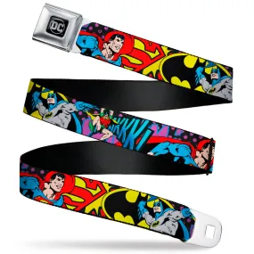 DC Round Logo Black/Silver Seatbelt Belt - Batman/Robin/Superman Pose/Logo Dot Black/Purple Webbing