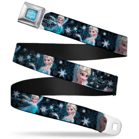 FROZEN Logo Full Color Blues Seatbelt Belt - Elsa the Snow Queen Poses PERFECT AND POWERFUL Blues/White Webbing