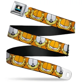 GARFIELD Pose Title Logo Full Color Black Seatbelt Belt - Garfield and Odie Faces Close-Up Orange Webbing