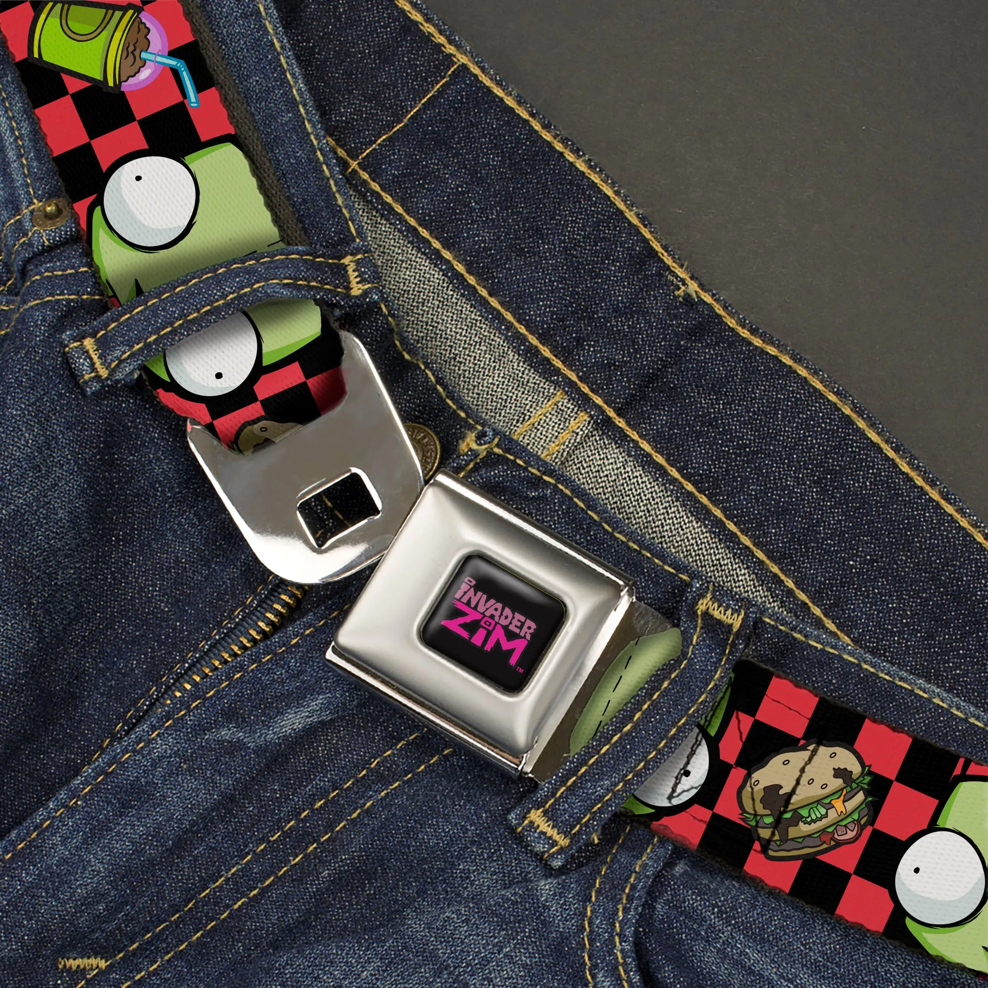 INVADER ZIM Title Logo Full Color Pink/Green Seatbelt Belt - Invader Zim GIR Face and Food Icons Checker Black/Hot Pink Webbing