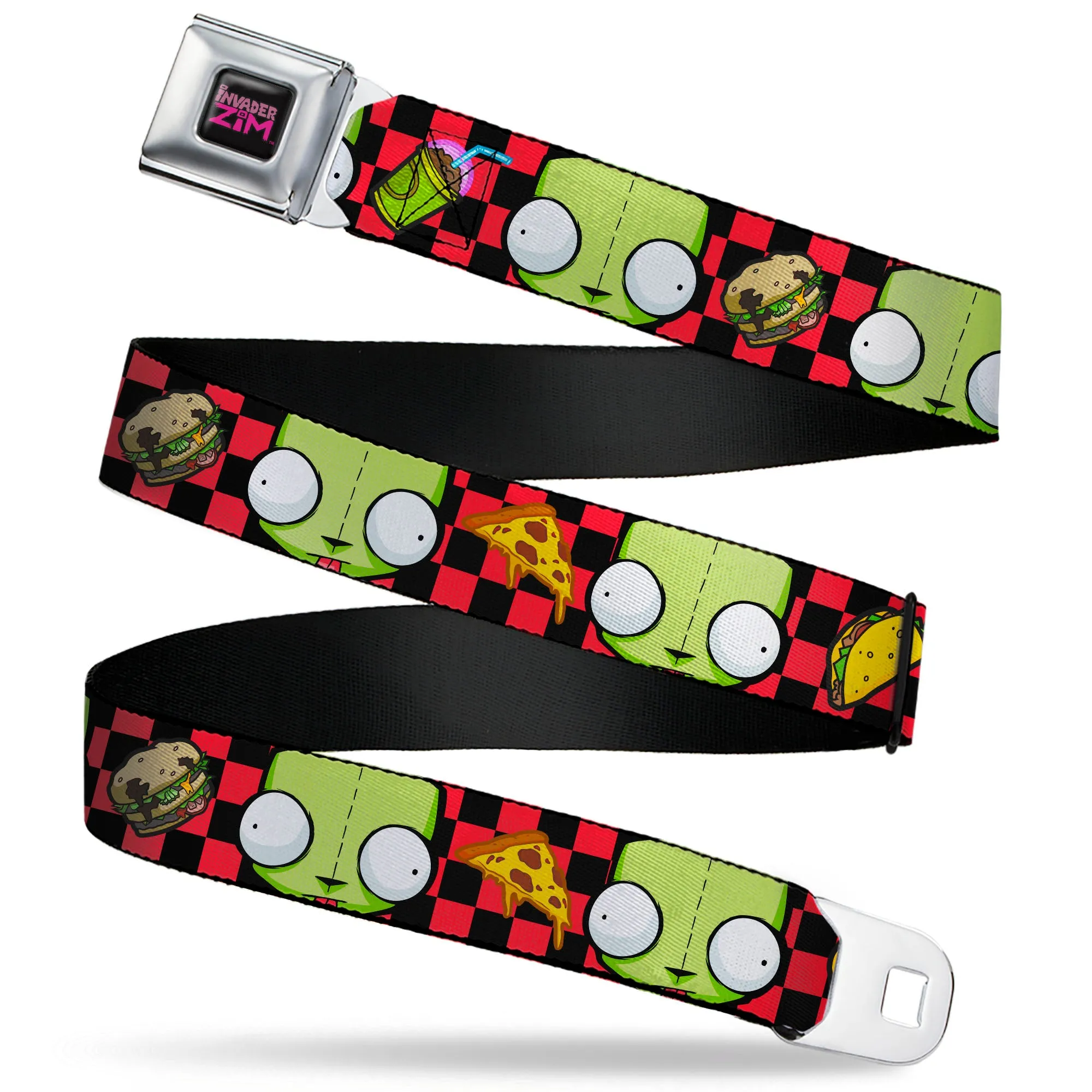 INVADER ZIM Title Logo Full Color Pink/Green Seatbelt Belt - Invader Zim GIR Face and Food Icons Checker Black/Hot Pink Webbing