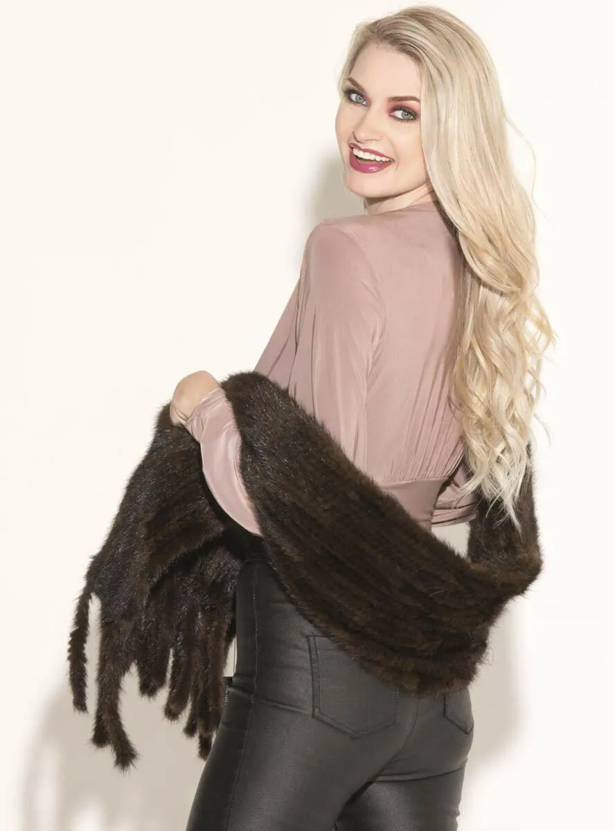 Knitted Mink Fur Shawl with Fringe and Pockets