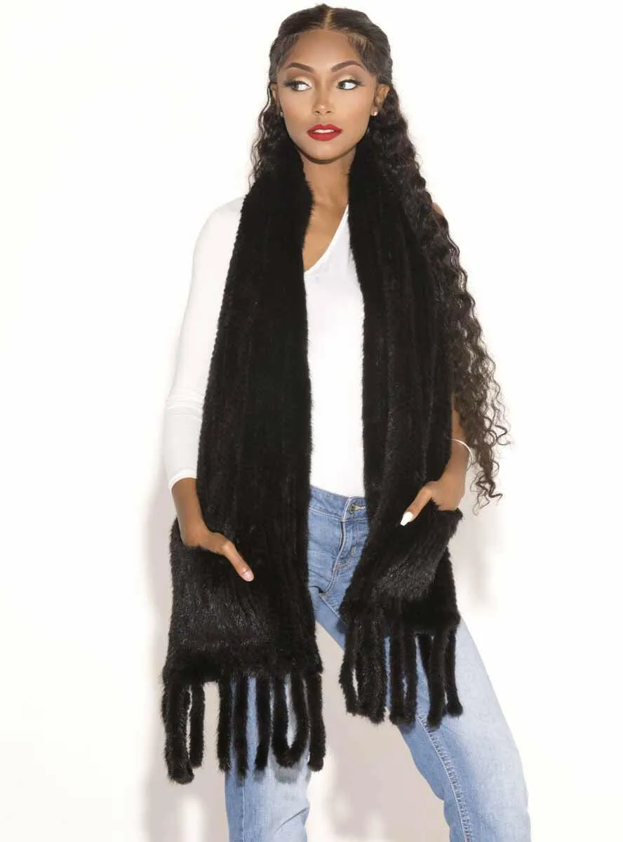 Knitted Mink Fur Shawl with Fringe and Pockets