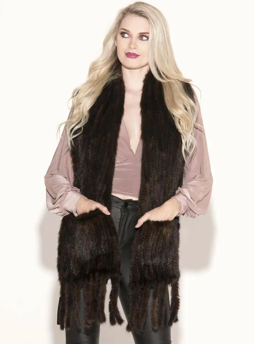 Knitted Mink Fur Shawl with Fringe and Pockets