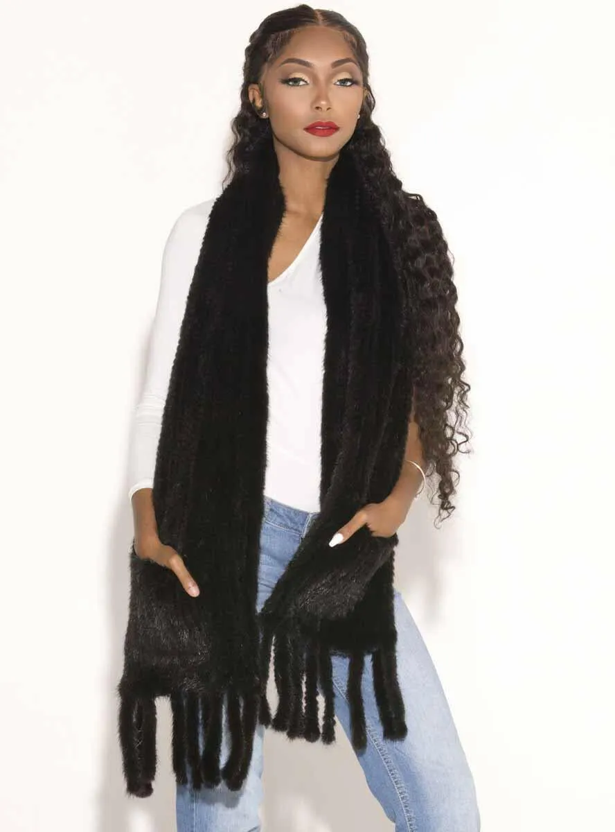 Knitted Mink Fur Shawl with Fringe and Pockets