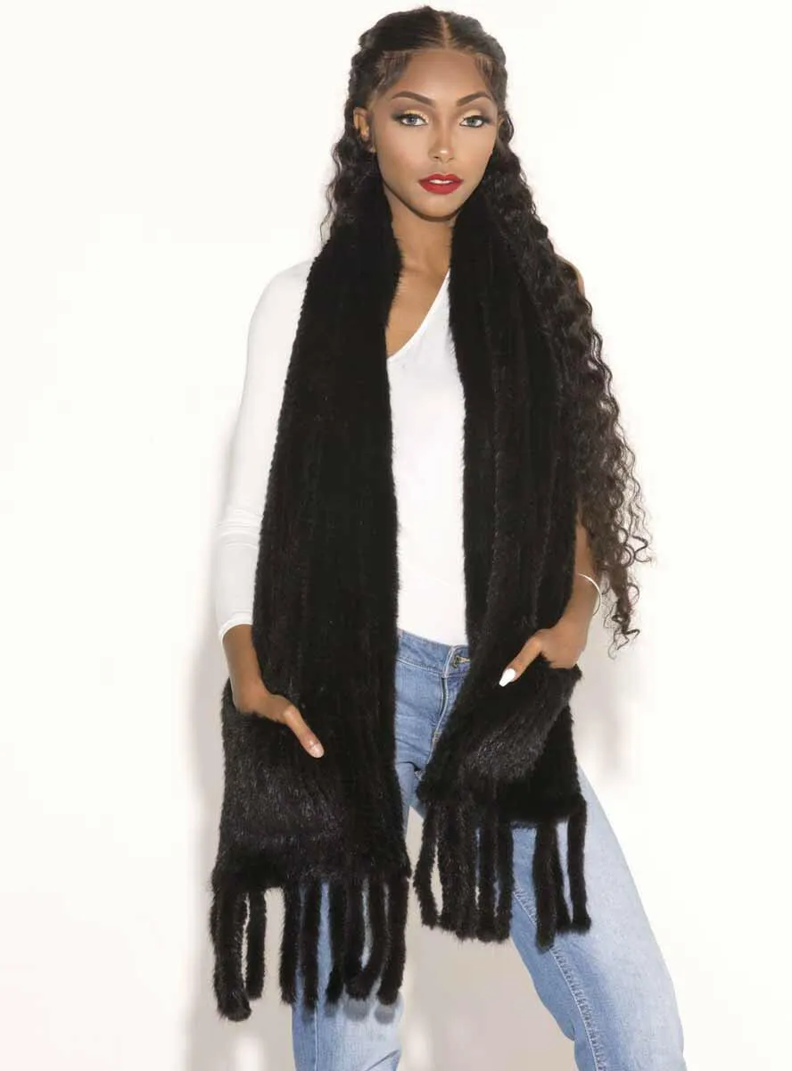 Knitted Mink Fur Shawl with Fringe and Pockets