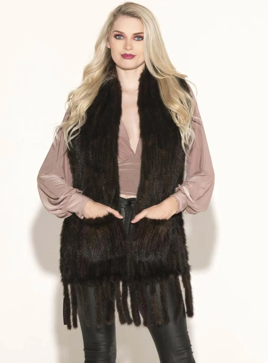 Knitted Mink Fur Shawl with Fringe and Pockets