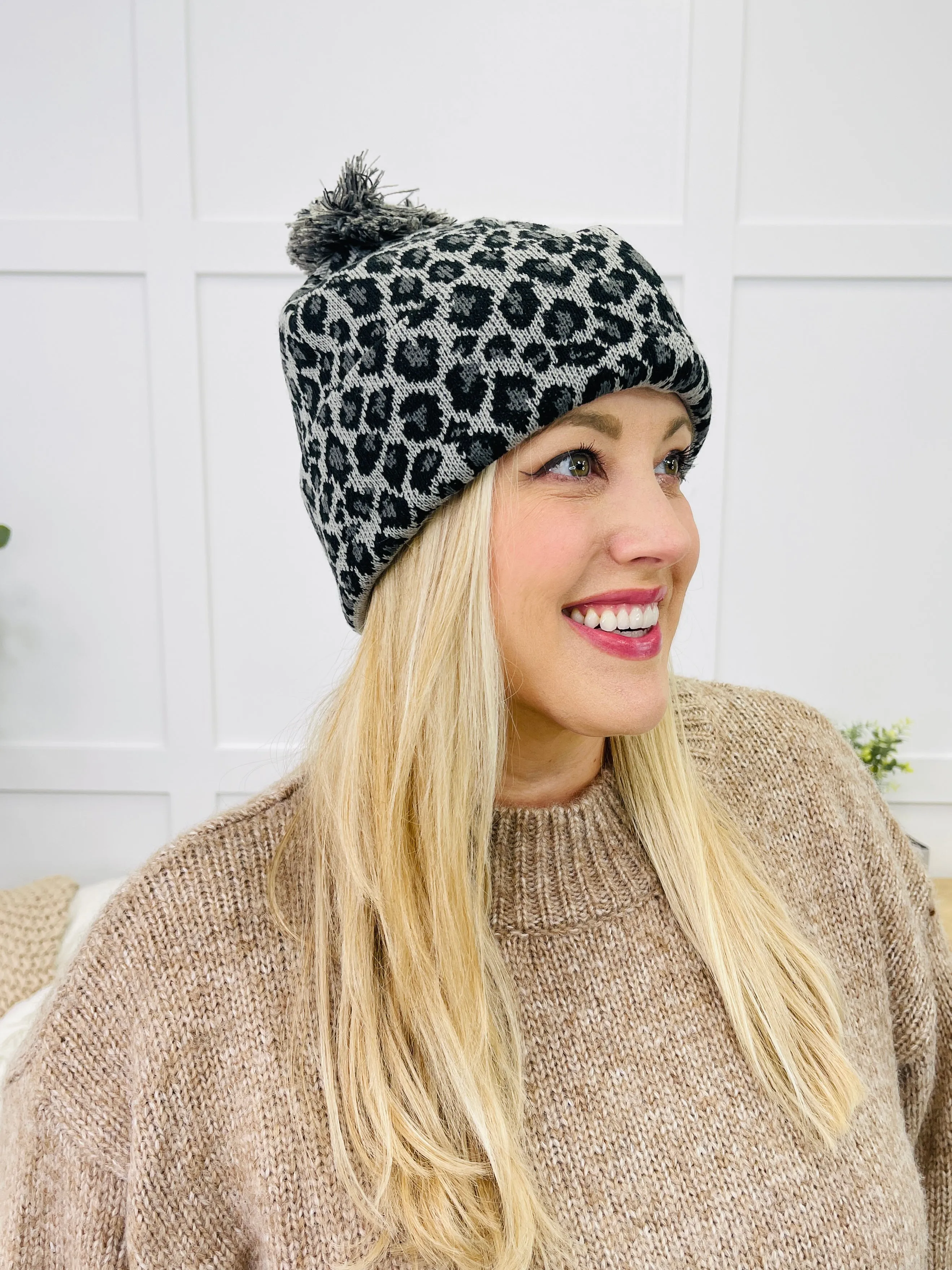 Leopard Print Pom Pom Beanie- Multiple Colors!