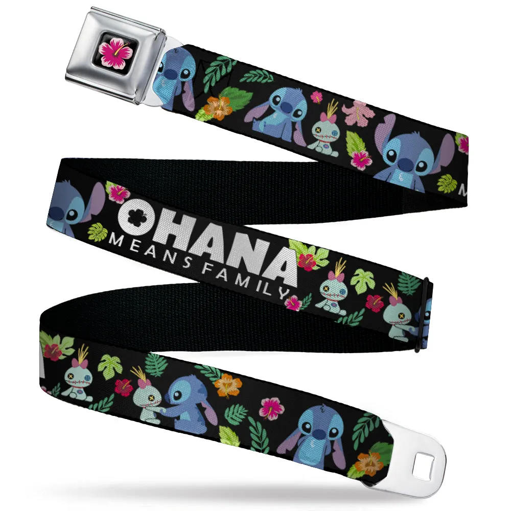 Lilo & Stitch Hibiscus Flower Full Color Black/Pink Seatbelt Belt - OHANA MEANS FAMILY/Stitch & Scrump Poses/Tropical Flora Black/White/Multi Color Webbing