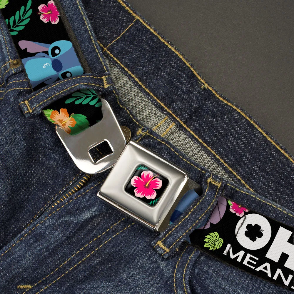 Lilo & Stitch Hibiscus Flower Full Color Black/Pink Seatbelt Belt - OHANA MEANS FAMILY/Stitch & Scrump Poses/Tropical Flora Black/White/Multi Color Webbing