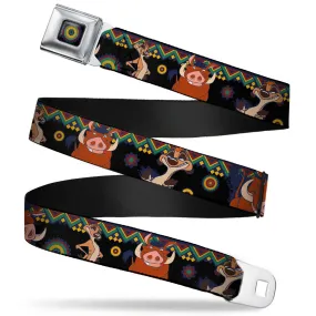 Lion King Aboriginal Full Color Black Navy Burgundy Green Seatbelt Belt - Timon & Pumba Poses/Aboriginal Black/Multi Color Webbing